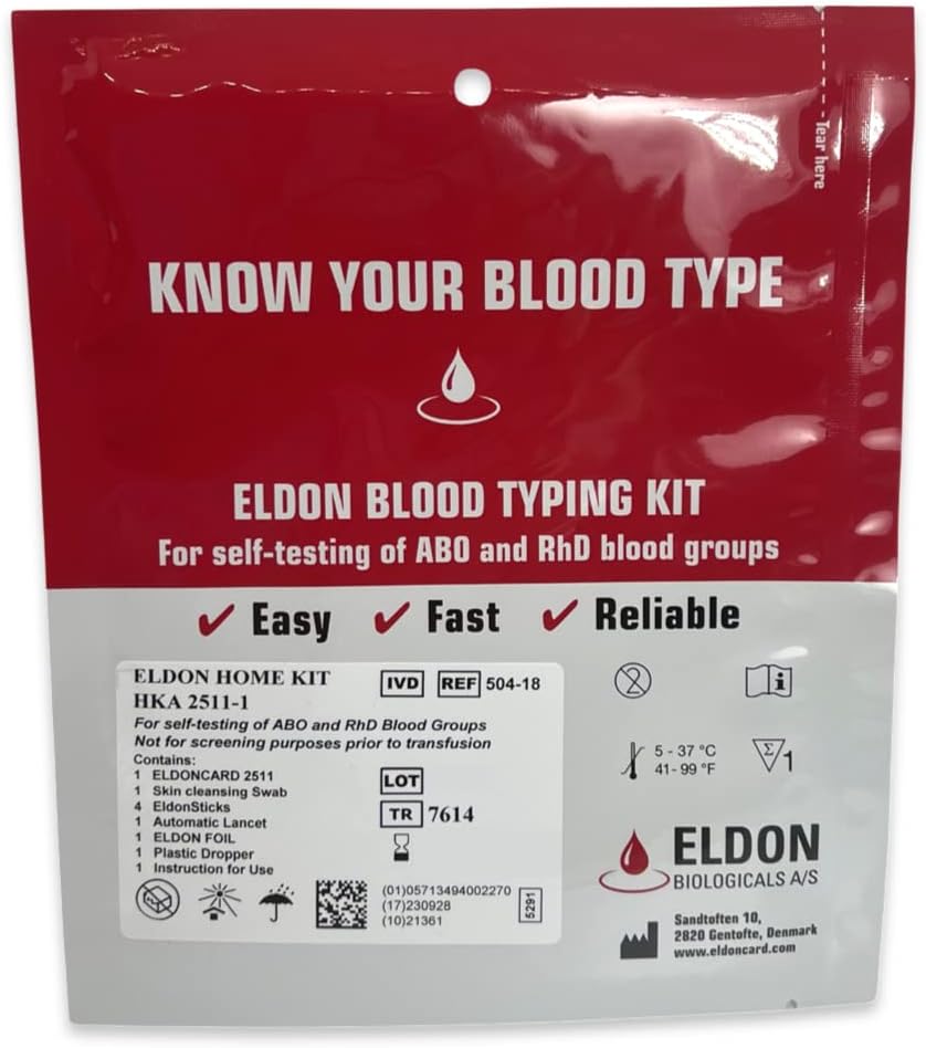 Eldoncard INC Blood Type Test (Complete KIT) - Find Out if You are A, B, O, AB & RH- Results in Minutes - Air Sealed Envelope, Safety Lancet, Micropipette, Cleansing Swab - 1 Pack