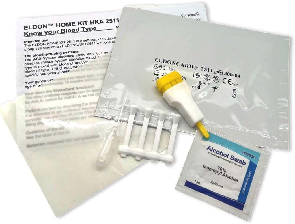 Eldoncard INC Blood Type Test (Complete KIT) - Find Out if You are A, B, O, AB & RH- Results in Minutes - Air Sealed Envelope, Safety Lancet, Micropipette, Cleansing Swab - 1 Pack