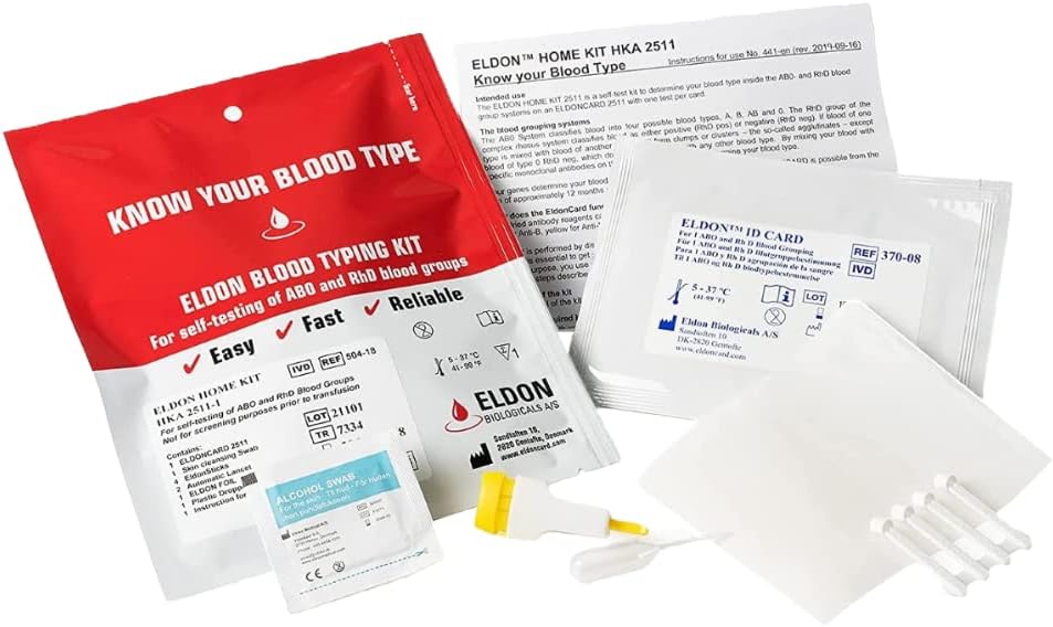 Eldoncard INC Blood Type Test (Complete KIT) - Find Out if You are A, B, O, AB & RH- Results in Minutes - Air Sealed Envelope, Safety Lancet, Micropipette, Cleansing Swab - 1 Pack